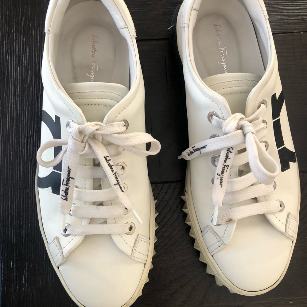 Salvatore Ferragamo White and Black Gancini Sneakers